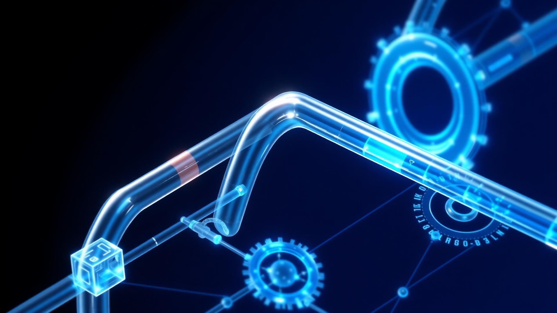 Glassmorphic hiring pipeline with connected nodes, glowing data flowing between stages and workflow gears