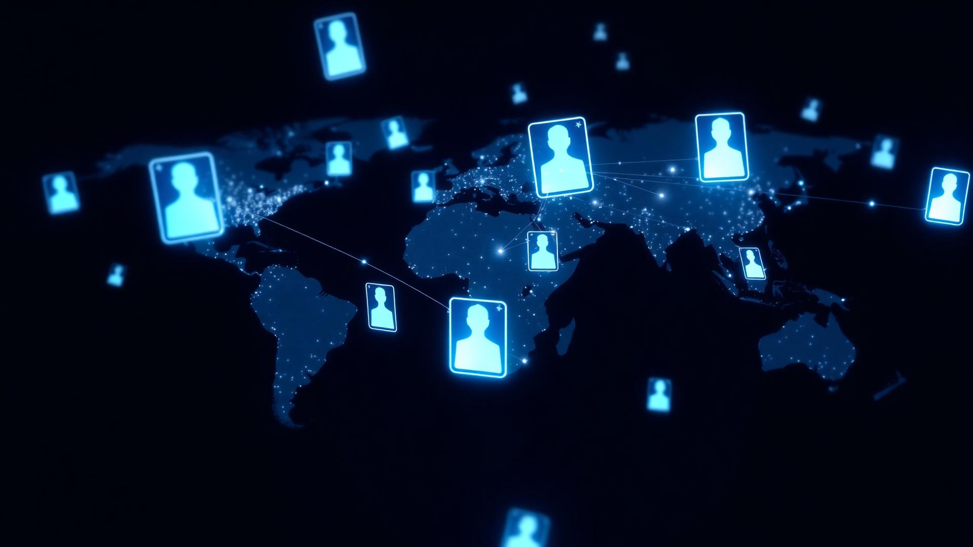 AI-powered global talent network with candidate profiles connected across a luminous world map